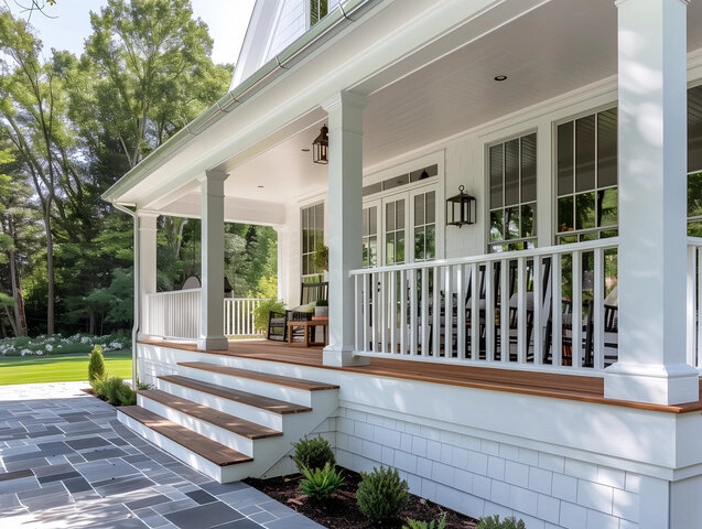 Stylish front porch with decorative railings and cozy seating area in Allentown